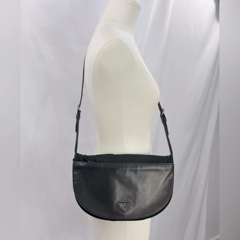 Prada Vintage Leather & Canvas Shoulder Crossbody Bag Black n Brown